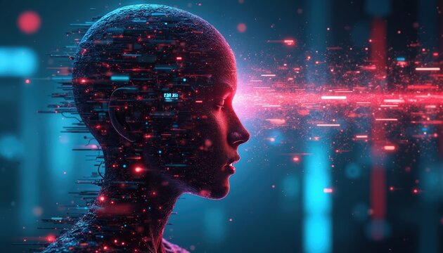 Conceptual tech art features digital human head, glowing elements. Artificial intelligence concept with neural network. Cyberpunk style illustration. AI brain with digital data stream. Biometric - Powered by Adobe