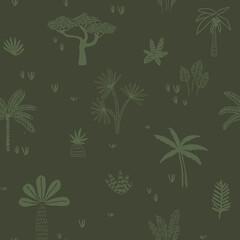 Tropical seamless pattern for apparel design, wallpaper, kids clothes. Palm trees with leaves background. Hawaiian seamless pattern.	

