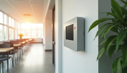 Modern control system device on white wall in bright school hallway. Digital screen displays interface with red button for access. Sunlight shines through large windows into empty classroom with rows
