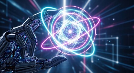 Fototapeta premium Futuristic robot hand manipulates glowing atom energy in digital space