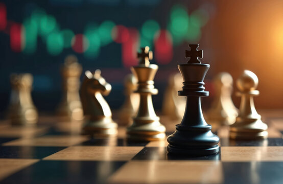 Black king chess piece stands on wooden board. Gold pieces behind, blurred. Financial stock market data charts glow in background. Illustrates business strategy, smart investment decisions, market