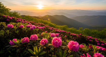 Fototapeta premium Sunrise over a blooming hillside with pink flowers, rolling green slopes, and distant mountains