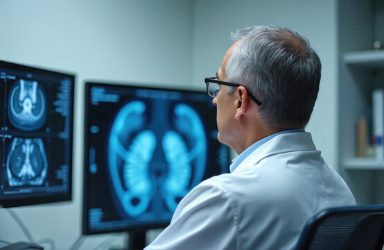 Mature doctor analyses kidney scans on monitor. Physician checks kidney diagnostics results in clinic. Healthcare pro reviews patient medical data for precision treatment. Male expert works in office.