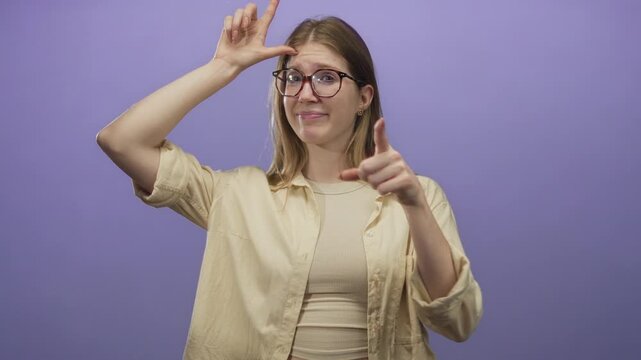 Blonde woman wearing glasses and beige top with finger forming l sign on forehead in purple studio; mockery.