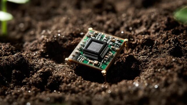 Green technology concept with electronic microchip embedded in soil, symbolizing sustainable innovation
