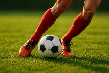 Close-up of soccer player dribbling black and white ball on green grass field, sports training concept