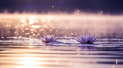 Two water lilies on a tranquil lake at sunrise