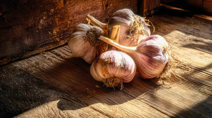 Garlic bulbs with roots, grown rustically on a sun-drenched wooden table, natural organic harvest in warm, dramatic light