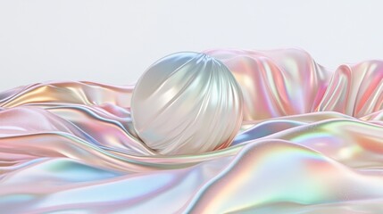 Abstract, iridescent, smooth sphere on flowing fabric