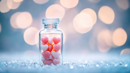Heart-shaped candies in a glass bottle