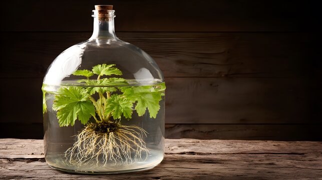 carboy. Clear glass carboy with floating green plant and visible roots on rustic wooden surface. gardening catalogs, home-decor guides, designed for home decor and floral branding.