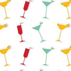 Seamless vector pattern of champagne glasses of different shapes: yellow with a slice of orange, red with a straw and green with mint leaves