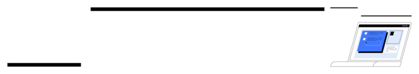 Laptop displaying a blue-toned interface with navigation elements, buttons. Ideal for tech, web design, business planning, education, communication, marketing and software. Simple flat metaphor