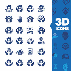 Collection of house icons with hands, globe, heart, and mobile phone in dark blue color on white background