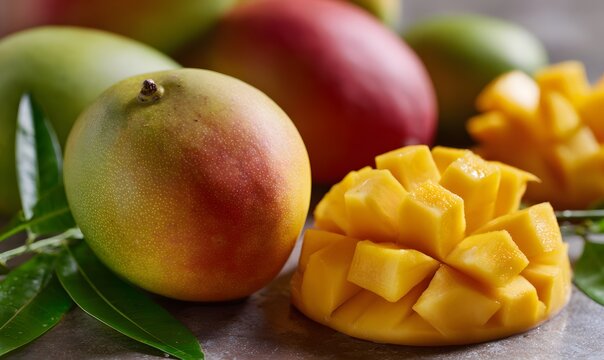 fresh mangoes, featuring yellow and orange hues with green leaves on the sides