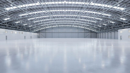 Industrial round roof hangar interior with a metal ceiling, spacious and empty, featuring light gray flooring and walls. Ideal for business presentations. 3D Rendering