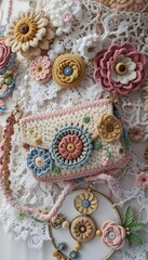 Handmade Crochet Floral Accessories on Lace Background &ndash; Colorful Yarn Art and Textile Craft