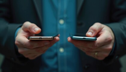 Two smartphones in hands closeup. People hold cellphones for data transfer. Modern mobile devices for communication. Person shares digital information, uses wireless network connection. Business