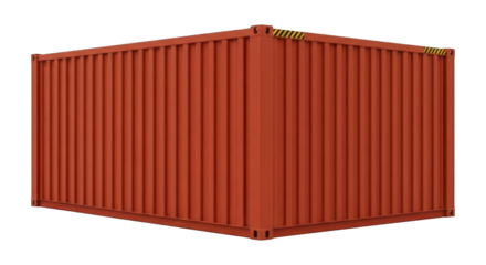 Red shipping container corner view against black backdrop, angled perspective