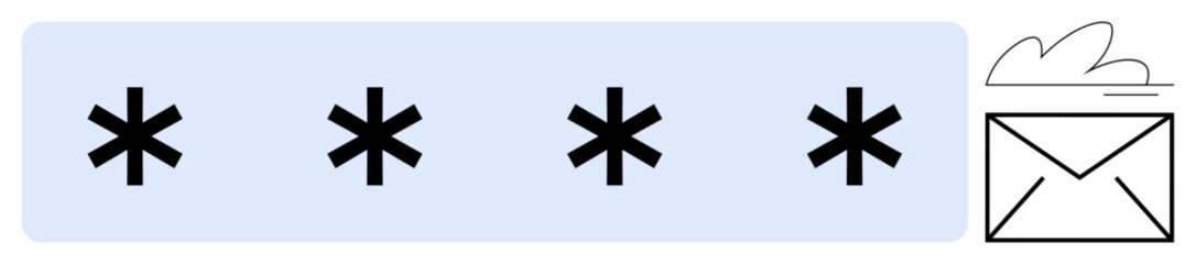 Four asterisks representing a password, a blue background, and an email envelope suggest encryption. Ideal for cybersecurity, communication, technology, data privacy, cloud storage, authentication