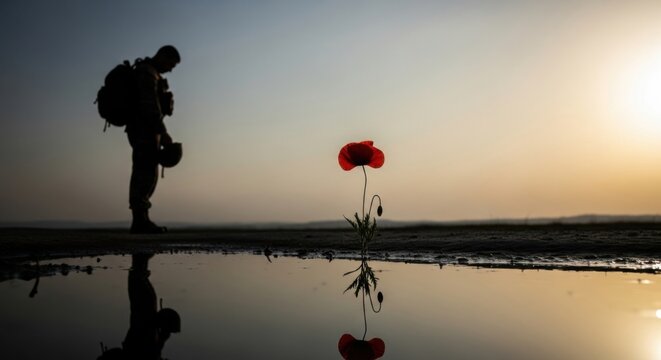 Commemorative remembrance day tribute with silhouette of soldier and poppy in serene sunset reflection scene