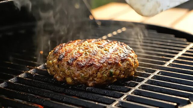 Delicious plant-based burger patty being perfectly grilled on a hot outdoor barbecue lifted gently by a spatula showcasing healthy summer cooking and savory mea