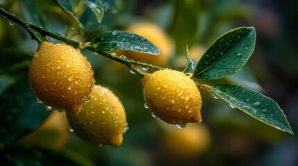 Close-up of fresh, dew-covered lemons hanging from a lush green branch.