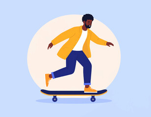 A man with dark curly hair and a beard, wearing a yellow jacket and blue pants, is skateboarding on a skateboard.