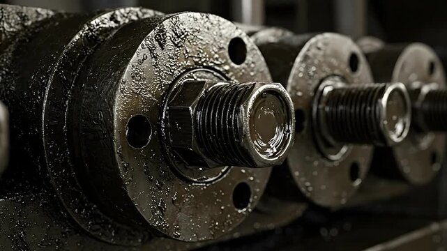 Close up of industrial metal components with threaded bolts and circular flanges