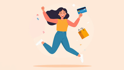 Fototapeta premium Woman jumping with credit card and shopping bag, celebrating a successful purchase.