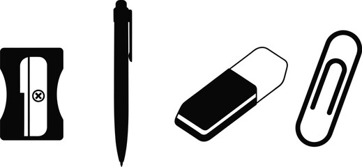 A collection of essential stationery items, including a sharpener, pen, eraser, and paper clip, perfect for office or school use