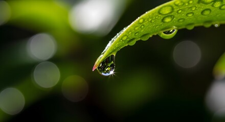 Fototapeta premium A crystal clear water droplet hangs precariously from the tip of a lush green leaf, reflecting the morning light