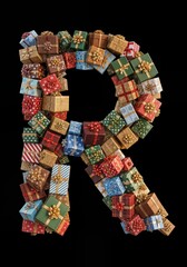 Christmas Present Alphabet festive Gift Box Letter Typeface on Black Background the letter R