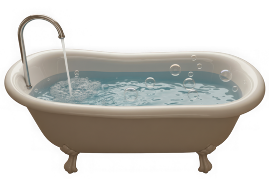 Classic clawfoot bathtub filled with clear water and bubbles isolated on transparent background