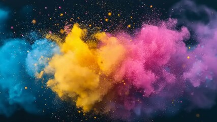 Vivid colorful powder clouds explode in a dark background with sparkling particles. - Powered by Adobe