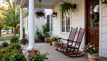 Naklejka premium Charming Front Porch with Rocking Chairs and Colorful Flower Pots in a Serene Residential Setting