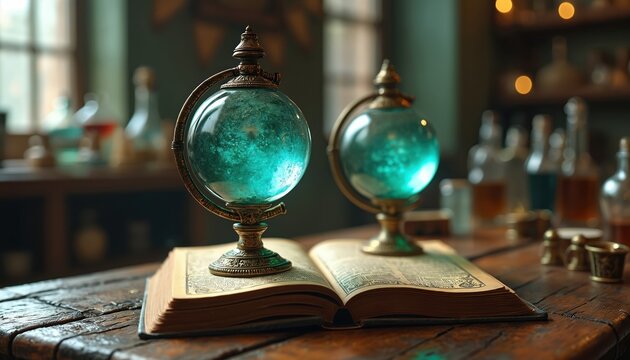 Two antique glass globes with bronze stands sit on open book atop wooden table. Globes contain glowing blue liquid. Various bottles, flasks in background. Scene resembles old alchemy laboratory. Room