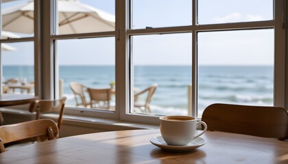 Cozy Café Scene with a Cup of Coffee Overlooking the Tranquil Ocean View at Sunrise