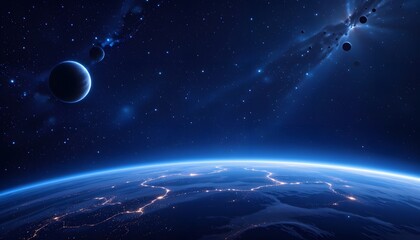 Vast Cosmic Scene of Earth with Glowing Horizon and Celestial Planets in Deep Space
