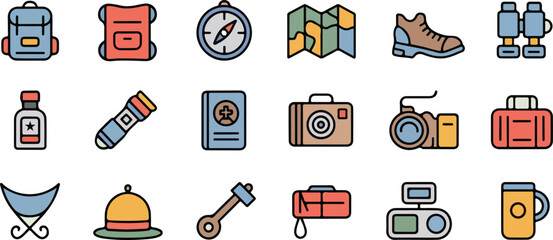 Adventure and Exploration Gear Flat Icons clean fokrpydrdfj27tuiw