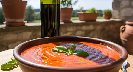 Delicious Tomato Soup with Fresh Basil and Olive Oil near the wine bottle