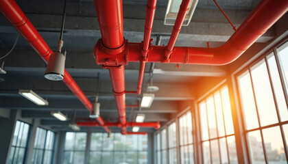 Red pipes form fire sprinkler system under office ceiling. Lights and windows show modern building interior. Safety infrastructure ensures protection from fire hazards.