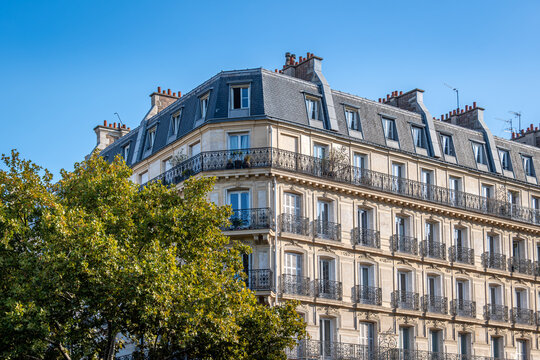 Fa&ccedil;ades d'immeubles parisiens r&eacute;sidentiels de style haussmannien le long d'une avenue bord&eacute;e d'arbres. Concept de march&eacute; immobilier d'habitation pour les logements anciens en France et &agrave; Paris
