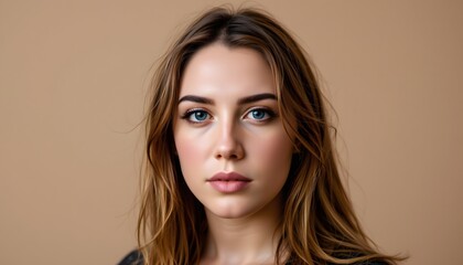 Close-Up Portrait of a Beautiful Young Woman with Striking Blue Eyes and Soft Natural Makeup