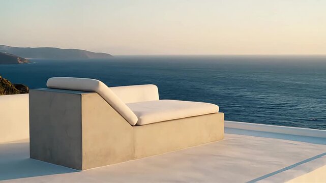 Experience ultimate tranquility on a modern rooftop terrace lounge featuring a stylish daybed overlooking vast serene ocean and distant mountains during golden 