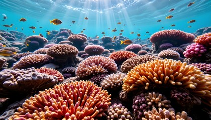 Vibrant Coral Reef Underwater with Sunlight Filtering Through Ocean Surface and Colorful Fish