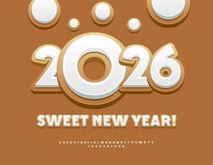 Vector Delicious Greeting Card Sweet New Year 2026! Tasty Biscuit Font. Sugar Glazed Alphabet Letters and Numbers set.