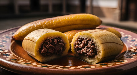 Delicious traditional dish of plantains with meat served on a handmade plate