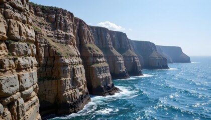 Stunning Rocky Cliffs Overlooking Vibrant Blue Ocean Under Bright Sunshine in Southern Landscape