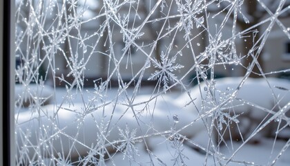 Intricate Frost Patterns on a Window with Soft Snow Background on a Cold Winter Day